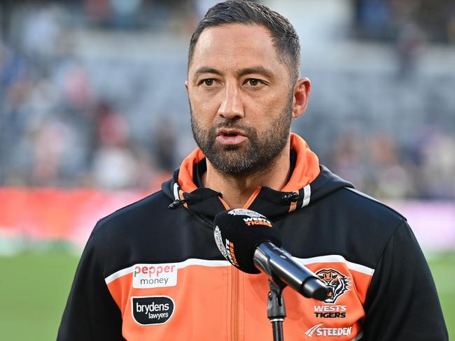 SYDNEY, AUSTRALIA - AUGUST 19: Benji Marshall of Wests Tigers after the round 25 NRL match between Wests Tigers and Dolphins at CommBank Stadium on August 19, 2023 in Sydney, Australia. (Photo by Izhar Khan/Getty Images)