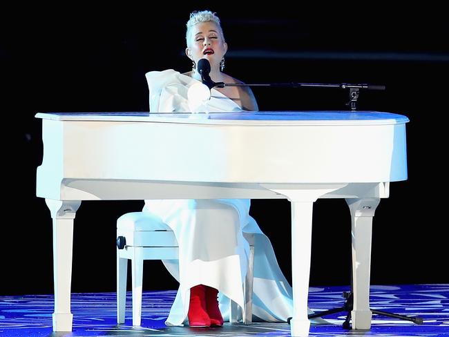 GOLD COAST, AUSTRALIA - APRIL 04:  Katie Noonan performs during the Opening Ceremony for the Gold Coast 2018 Commonwealth Games at Carrara Stadium on April 4, 2018 on the Gold Coast, Australia.  (Photo by Mark Kolbe/Getty Images)