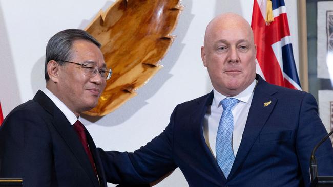 Chinese Premier Li Qiang with New Zealand Prime Minister Christopher Luxon in Wellington on Thursday. Picture: AFP