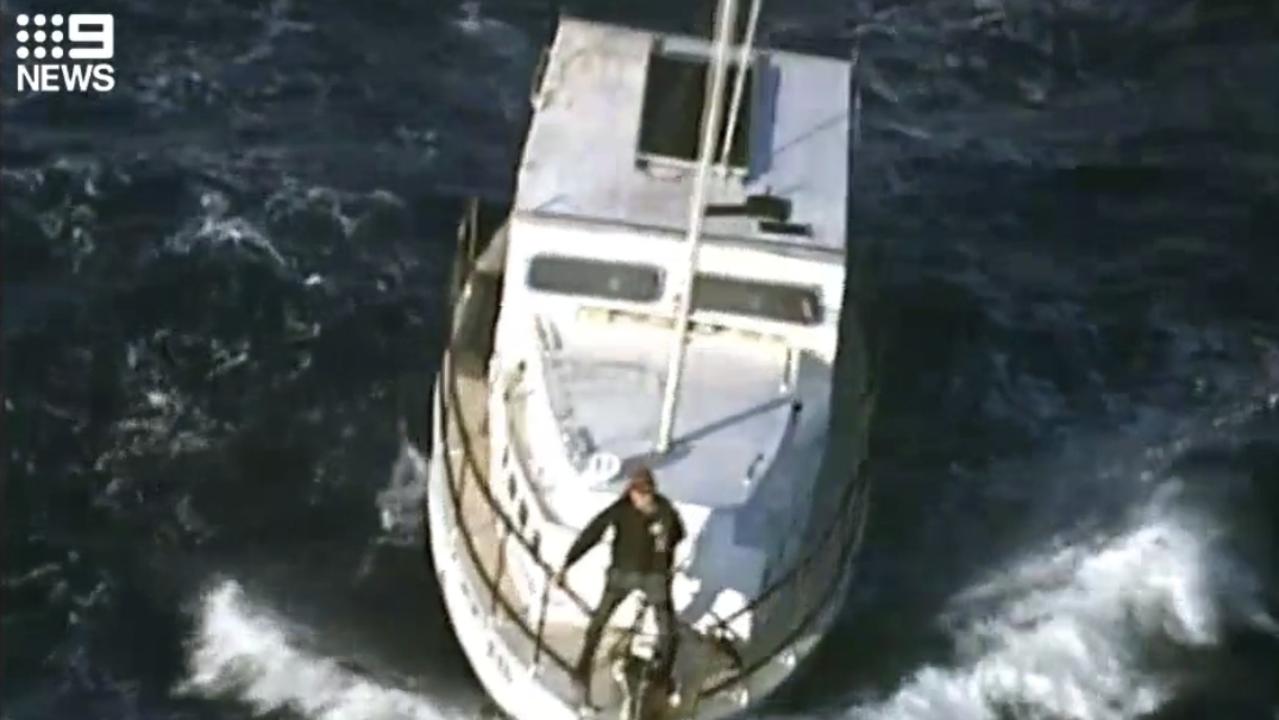 Boaties Tony Higgins and Derek Robinson aboard their boat, which was found off the Coorong coast after almost a week at sea. Picture: 9 News Adelaide