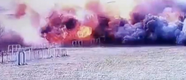 CCTV still of a Russian air strike on a Ukrainian military base in October 2022. Geelong man Felix Metrikas was on the base at the time and about 70m from the impact zone. Picture: supplied