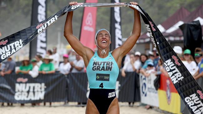 Lana Rogers celebrates her round three win at North Wollongong Beach. Picture: Shane Myers