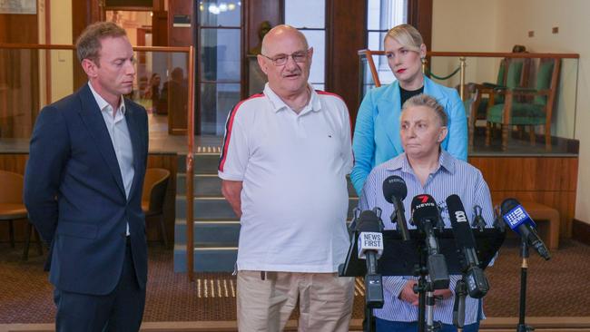 Opposition Leader David spears speaks to the media at Parliament House with Eddie’s Aunty Brenda and Uncle Steve. Picture: Ben Clark