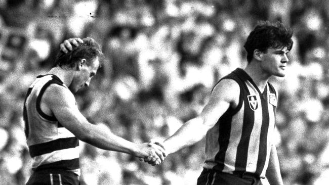 Chris Langford prepares to do battle with Gary Ablett in the 1989 Grand Final.