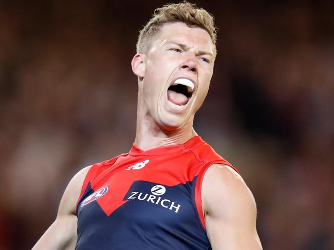 MELBOURNE, AUSTRALIA - SEPTEMBER 14: Jake Melksham of the Demons celebrates a goal during the 2018 AFL First Semi Final match between the Hawthorn Hawks and the Melbourne Demons at the Melbourne Cricket Ground on September 14, 2018 in Melbourne, Australia. (Photo by Michael Willson/AFL Media)