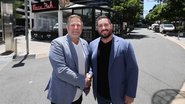 Gold Coast premium dining destination, Oracle Boulevard, announcied a multi-million-dollar transformation that will set a new standard for luxury dining and redefine the culinary scene on the Coast. SOX Hospitality founder Simon Morris and Jason Makris, CEO of Makris Group, at the announcement. Picture Glenn Hampson