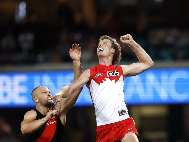 Sydney's Nick Blakey spoils as the ball comes into Essendon’s forward line on Saturday night. Picture: Phil Hillyard.