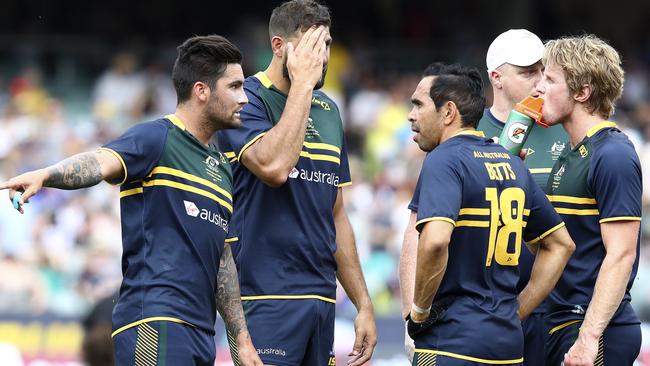 Chad Wingard, Paddy Ryder, Eddie Betts and Rory Sloane at International Rules training. Picture: Sarah Reed