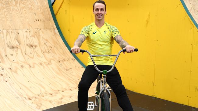 GOLD COAST, AUSTRALIA - JULY 05: Logan Martin poses during the Australian 2024 Paris Olympic Games BMX & Mountain Bike Squad Announcement at AusCycling Indoor BMX Training Facility on July 05, 2024 in Gold Coast, Australia. (Photo by Chris Hyde/Getty Images)