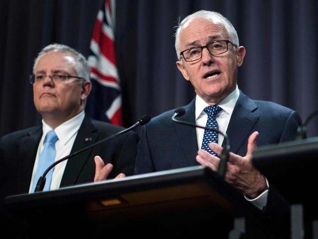 Former PM Malcolm Turnbull and now PM Scott Morrison (left). Picture: Sean Davey/AFP