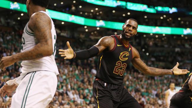 LeBron James reacts to a call in the first half of a playoffs game against the Boston Celtics. Picture: Getty