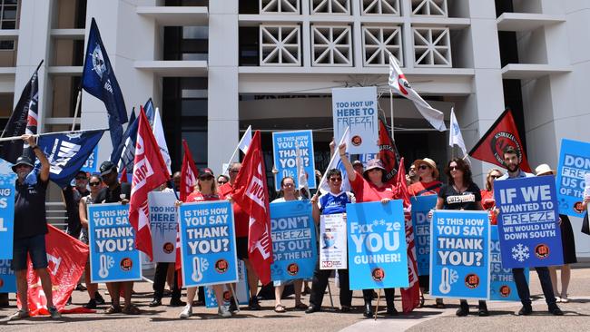 Unions rallied to show their opposition towards the NT Government's plan to put in place a four-year pay freeze. Picture: Judith Aisthorpe