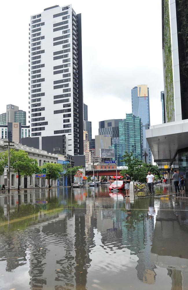 Flash flooding in City Rd, Southbank. Picture: Nicki Connolly