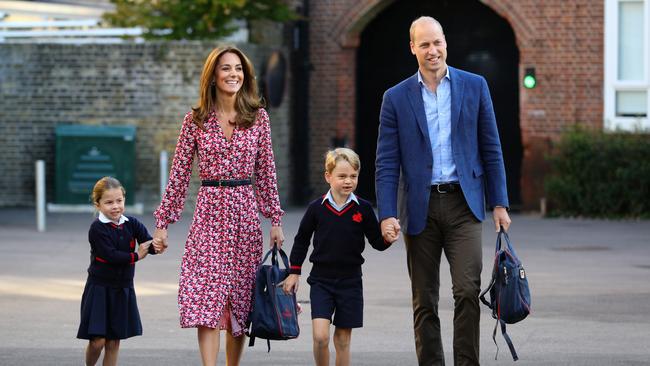 Princess Charlotte arrives for her first day of school, with her brother Prince George and her parents the Duke and Duchess of Cambridge, at Thomas's Battersea in London. Picture: Getty