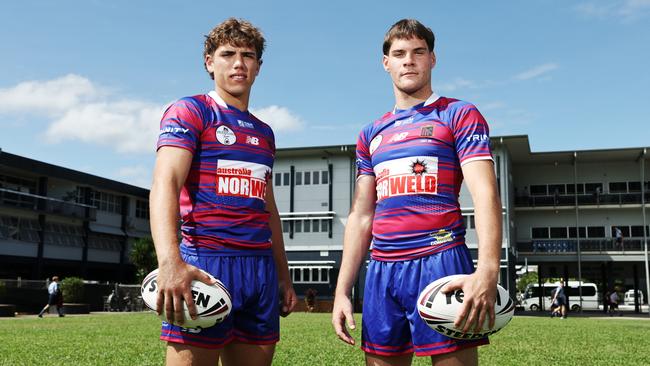 Ben Walker (right) scored a hat-trick in St Augustine’s big win over Holy Spirit. Picture: Brendan Radke