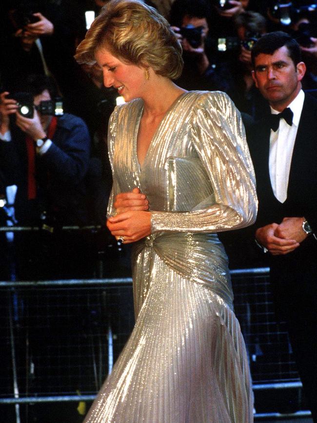 Princess Diana arriving for the London premiere of the James Bond film A View To A Kill at in 1985. Her gold lame evening gown was by Bruce Oldfield. Picture: Jayne Fincher/Princess Diana Archive/Getty Images