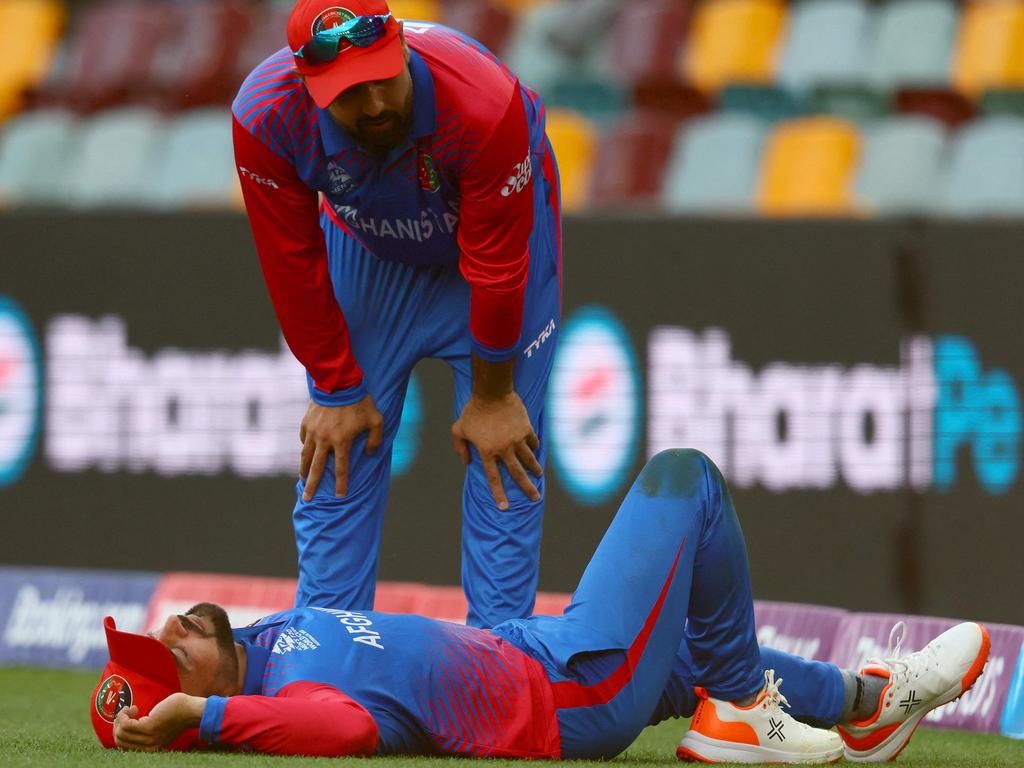 Rashid Khan hurt himself late in Afghanistan’s loss to Sri Lanka. Picture: AFP