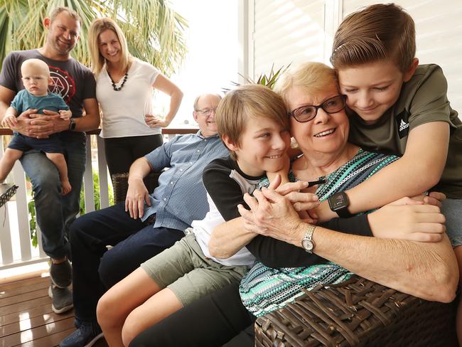 08/05/2020 : On mothers day , Grand mother  Betty Van Duikeren will be able to be visited at her own home, by grand children Charlie 12, William 10 (in green top) and Samuel 1 and her son Glenn Van Duikeren and his partner Sarah Dixon, here at her Glenn and Sarahs home in Enoggera, Brisbane . Households of five will now be allowed to visit other households in QLD from Sunday, as the Palaszczuk Government lifts some Covid-19 restrictions just in time for Mother's Day.  Lyndon Mechielsen/The Australia