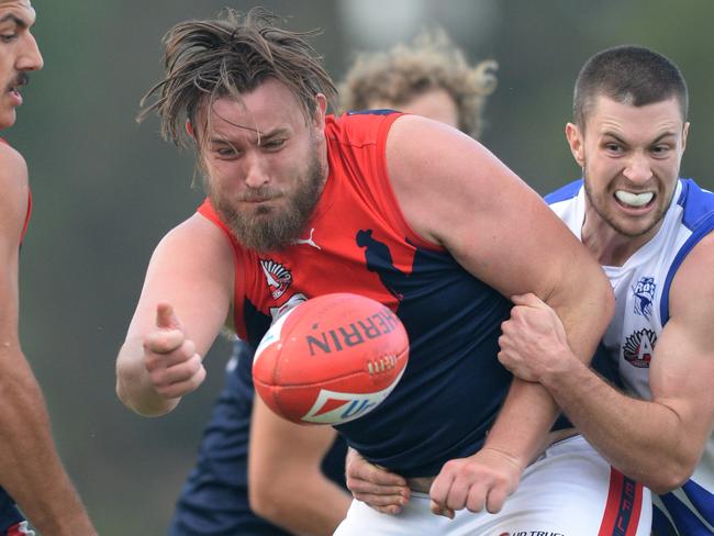 EFL Division 1 football: East Ringwood v Montrose at East Ringwood Reserve. Montrose player #21 Andrew Haining battled all day with the demons getting up for an emotional win. Picture:AAP/ Chris Eastman