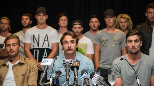 Watson fronts the press with teammates during the height of the Essendon supplements saga. Picture Stuart Walmsley