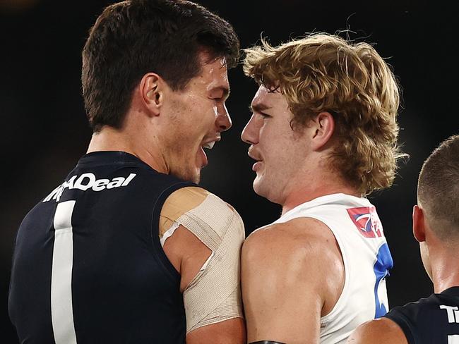 MELBOURNE. 30/04/2022. AFL.  Carlton vs North Melbourne at Marvel Stadium, Docklands.  Jack Silvagni of the Blues and Jason Horne-Francis of the Kangaroos clash during the 3rd qtr.     . Photo by Michael Klein