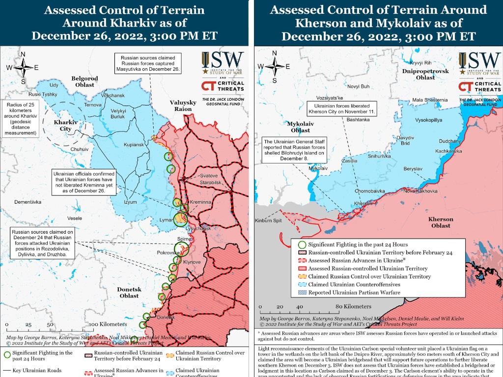 Red areas show terrain conquered by Russia. Blue areas show Ukrainian counteroffensives. Picture: ISW