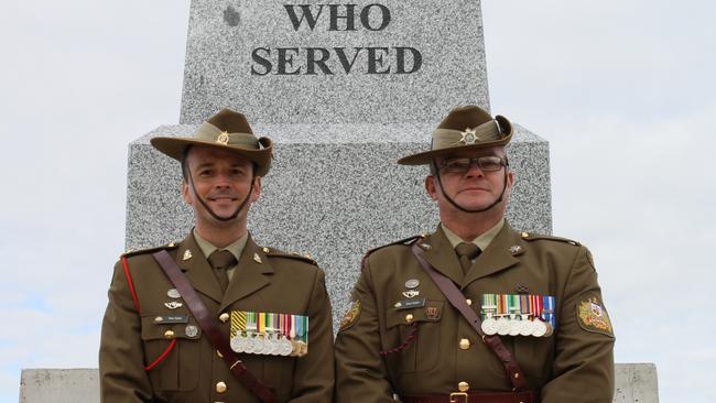 Lieutenant Colonel Derek Snipe Warrant Officer Class 1 Sean Smith at the Craigieburn war memorial dedication ceremony on April 2.