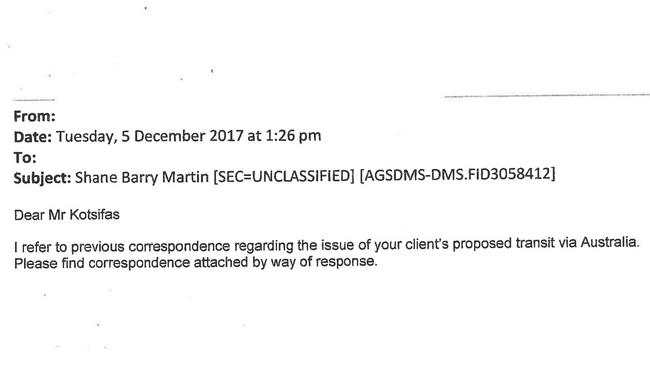 Reply from government lawyers refusing his request — four hours after they had conceded in the Federal Court in Sydney they had made a legal error in cancelling his Australian visa.