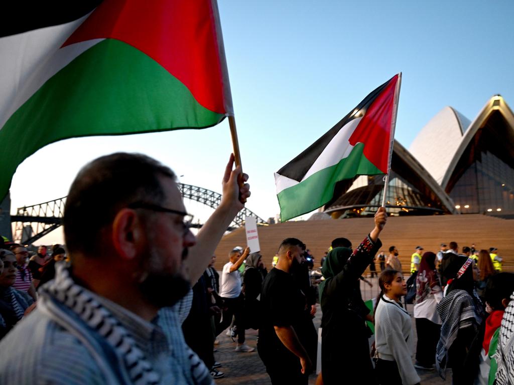 Participants in a Free Palestine rally gathered in Sydney on October 9. 700 Israelis were killed and dozens more abducted during the Hamas terrorist attack that has since led to the death of hundreds of Palestinian civilians as Israel retaliates. Picture: AAP Image/Dean Lewins