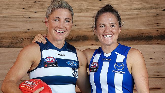 Geelong and North Melbourne captains Melissa Hickey and Emma Kearney. Picture: Ian Currie