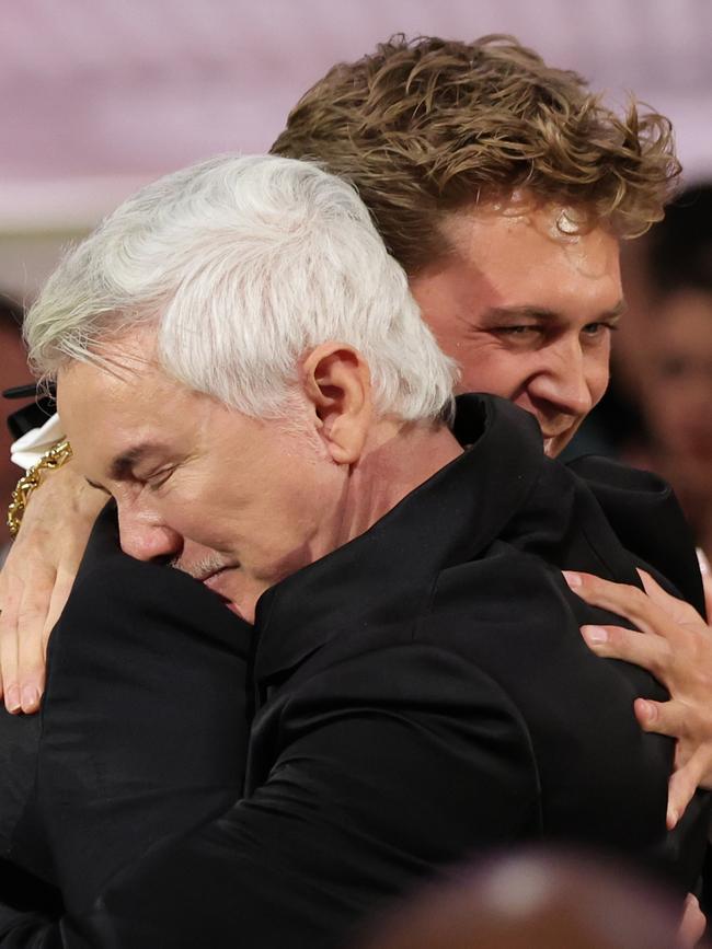 Elvis director Baz Lurhmann hugs best actor winner Austin Butler. Picture: Getty Images