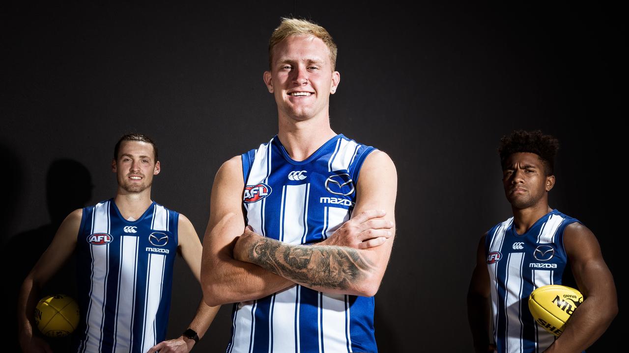 North Melbourne recruits Lachie Young, Jaidyn Stephenson and Atu Bosenavulagi.