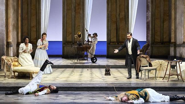 Nardus Williams as Fiordiligi, Helen Sherman as Dorabella, Filipe Manu as Ferrando, Alexandra Oomens as Despina, Richard Anderson as Don Alfonso and Nathan Lay as Guglielmo in Così fan tutte. Picture: Keith Saunders.