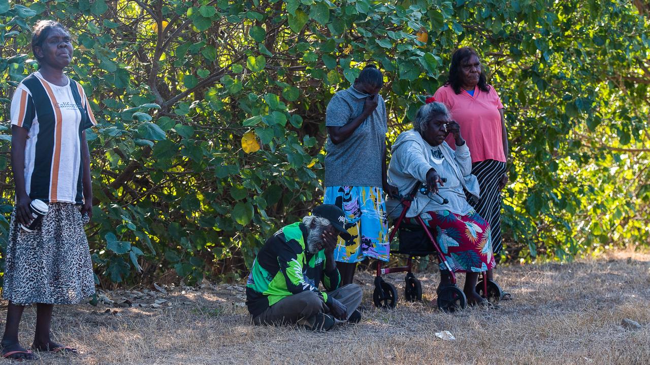 Ngeygo’s cousin sister Agatina Bangalang, left, father Tommy Madjalgaidj, Karen Nardol, Mary Malbiynga, and other loved ones at a ceremony at Mindil Beach, where on December 23 2019 the 40-year-old was killed by her partner Garsek Nawirridj. Picture: Pema Tamang Pakhrin