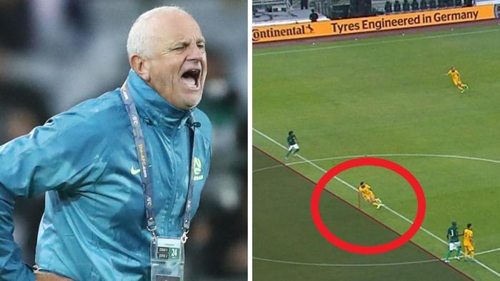 Graham Arnold fumed as the Socceroos slumped to a 45-year low. SOURCE: Getty Images/Channel 10.
