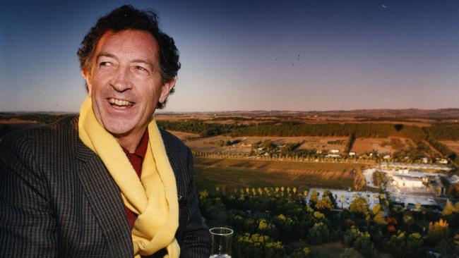 Sir James Hardy in a hot-air balloon, 1000 feet over Seppeltsfield vineyard in the Barossa, 1993. .