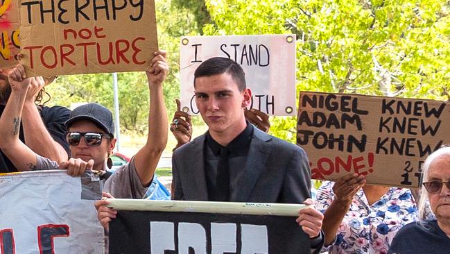 Dylan Voller and his family joined a group of Alice Springs residents protesting outside the youth detention royal commission. Picture: Emma Murray