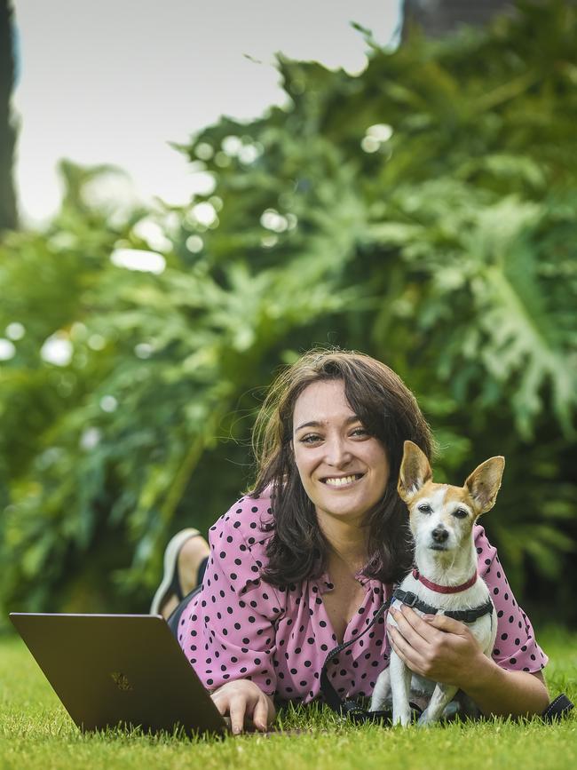 University of Adelaide researcher Ana Goncalves Costa at home with her dog Nina, who came from RSPCA Lonsdale about six years ago. Picture: Roy Van Der Vegt.