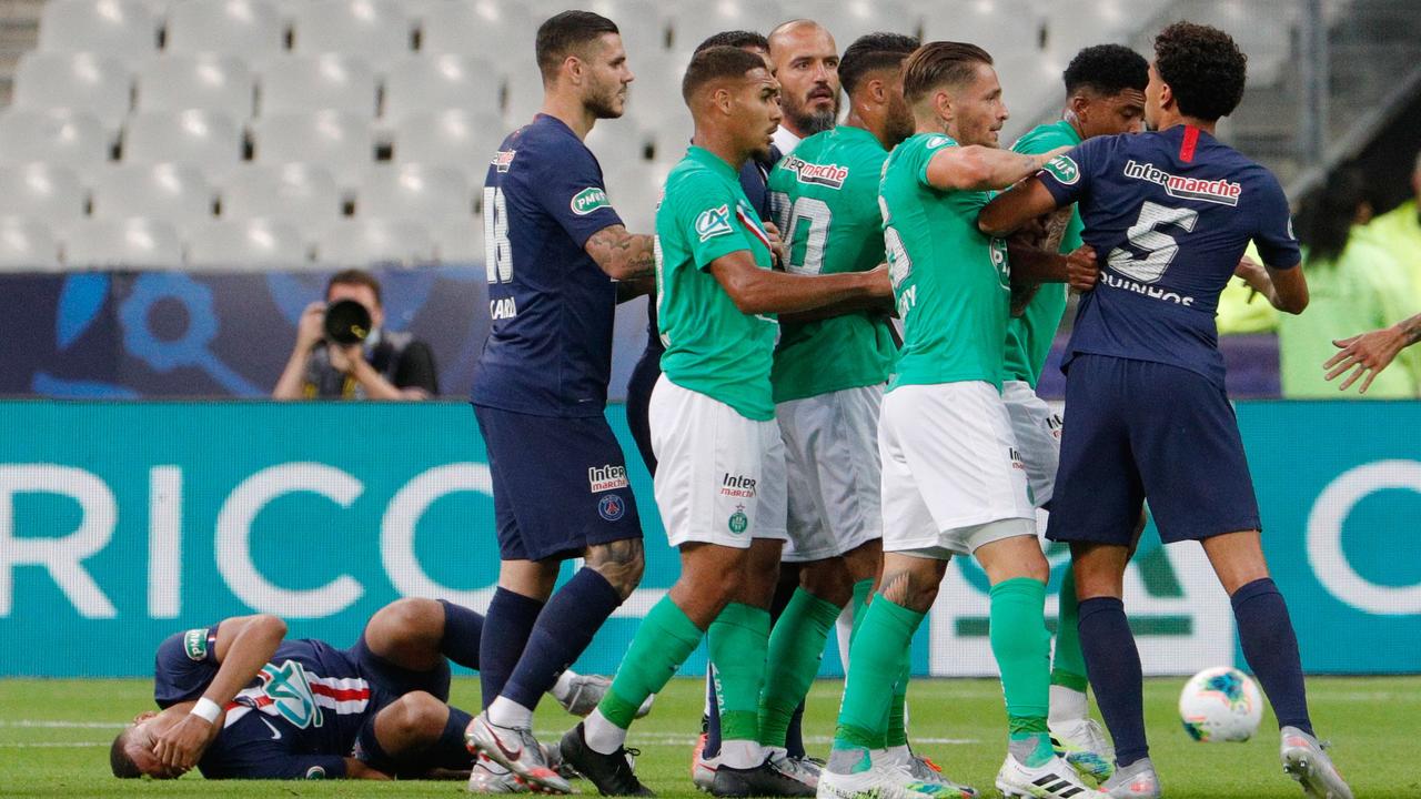 Mbappe (L) was in agony after a bad tackle.