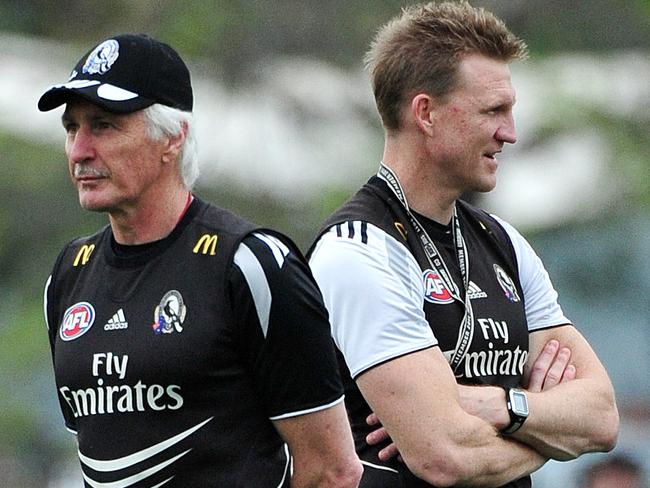 Best mates no longer: Mick Malthouse and Nathan Buckley, during their days leading Collingwood together.