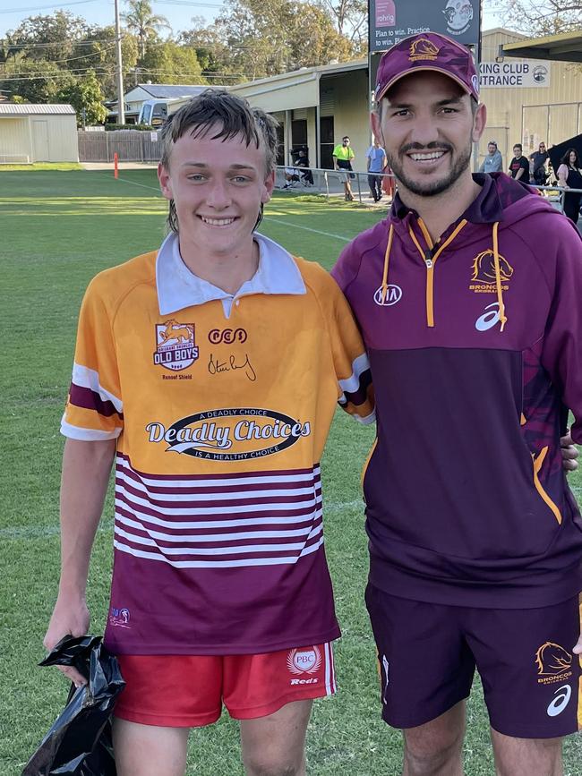 Man of the match Marlie Barry of PBC with the great Matt Gillett of the Broncos.