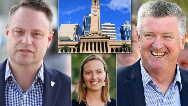 LNP Lord Mayor Adrian Schrinner, Greens candidate for Lord Mayor Kath Angus and Labor candidate for Lord Mayor Pat Condren.