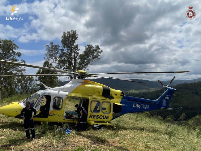 A young girl suffered life-threatening injuries after the car she was in fell 50m down a steep embankment in the Sunshine Coast hinterland. Photo: LifeFlight.