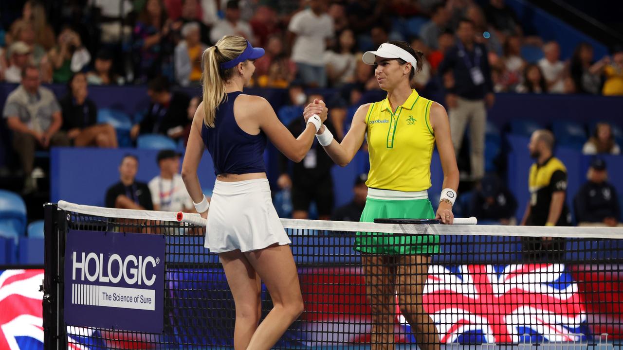 PERTH, AUSTRALIA - DECEMBER 29: Ajla Tomljanovic of Australia congratulates Katie Boulter of Great Britain after winning the Women's singles match against during day one of the 2024 United Cup at RAC Arena on December 29, 2023 in Perth, Australia. (Photo by Will Russell/Getty Images)