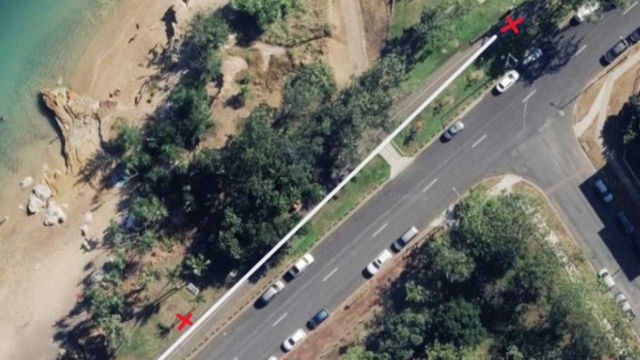 Aerial view of the final 150m of the course (white line). Red Cross closest to the bottom left is where the protesters were situated. Second red cross – towards the top right) is the finish line of the race. Picture: Google Maps
