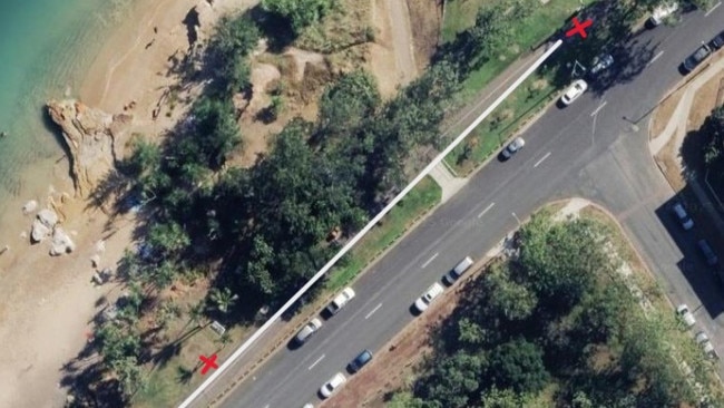 Aerial view of the final 150m of the course (white line). Red Cross closest to the bottom left is where the protesters were situated. Second red cross – towards the top right) is the finish line of the race. Picture: Google Maps