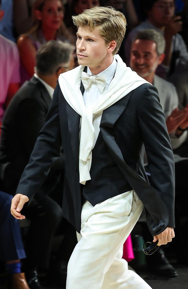 Robert Irwin walks the runway at the Royal Exhibition Building during Melbourne Fashion Week. Picture: Ian Currie