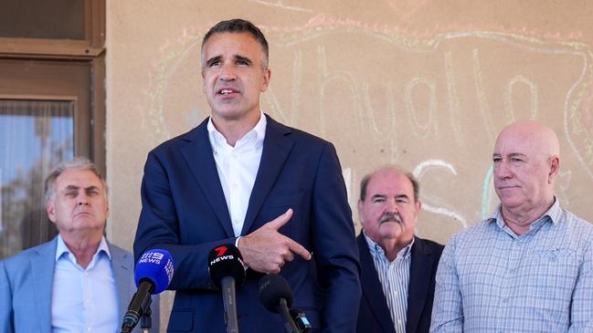 Premier Peter Malinauskas at Whyalla Surf Life Saving Club flanked by federal Trade and Tourism Minister Don Farrell (left) Whyalla mayor Phill Stone (second from right) and Giles MP Eddie Hughes (right) Picture: Supplied