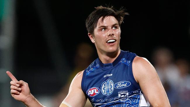 Oliver Henry of the Cats celebrates a goal. (Photo by Michael Willson/AFL Photos via Getty Images)