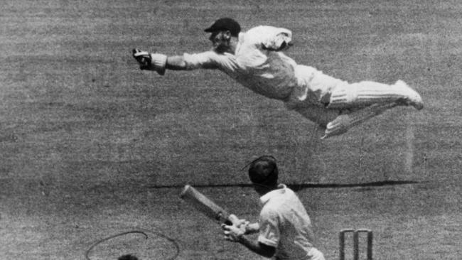 Rod Marsh dives to take a catch from John Edrich in the first ODI in 1971.